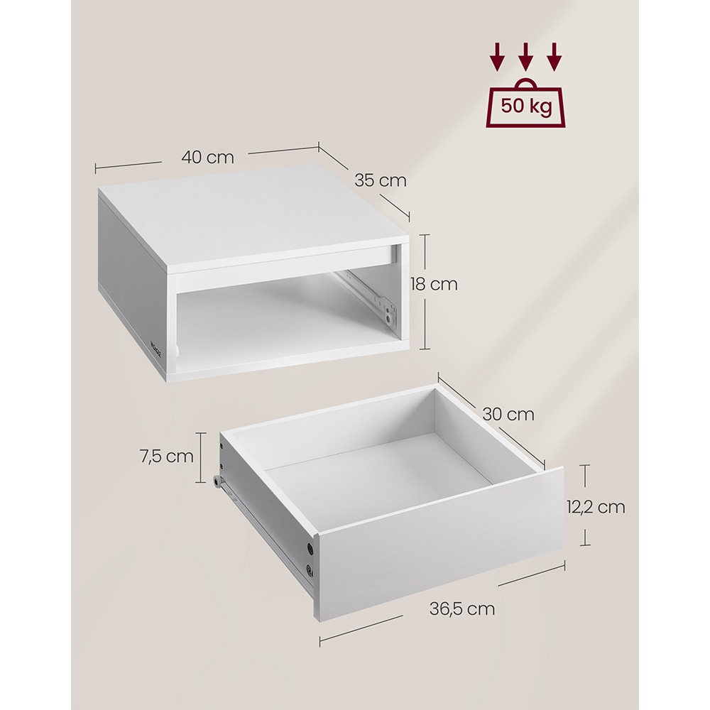 Veggmontert nattbord 35 x 40 x 18 cm med LED-belysning og skuff