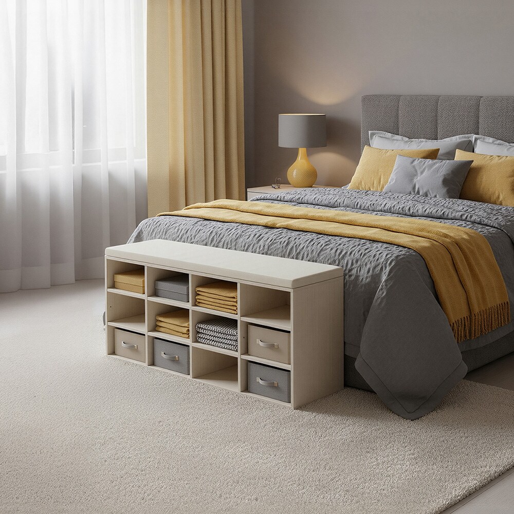 Skobenk 104 cm med sittepute og 12 oppbevaringsrom - Beige