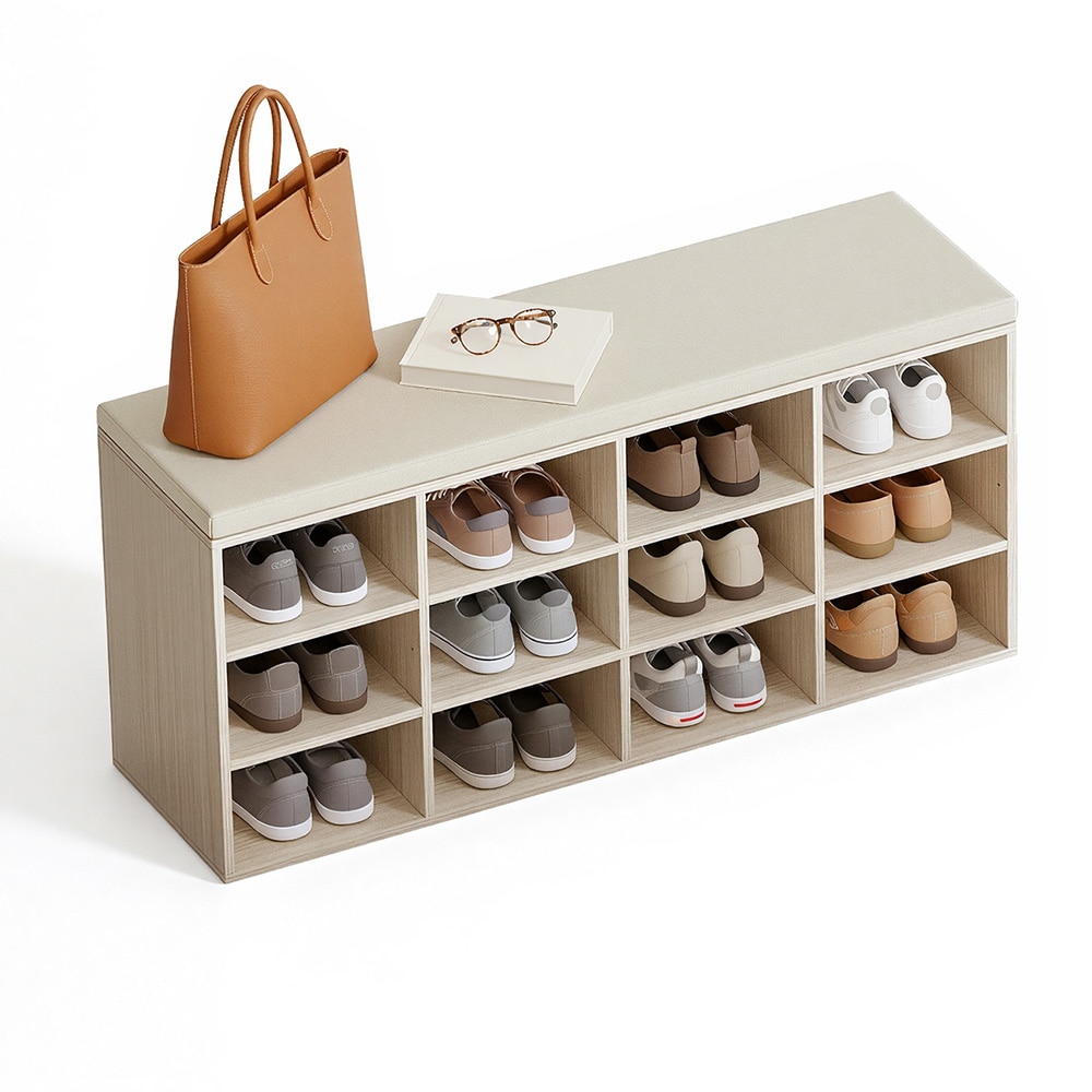Skobenk 104 cm med sittepute og 12 oppbevaringsrom - Beige