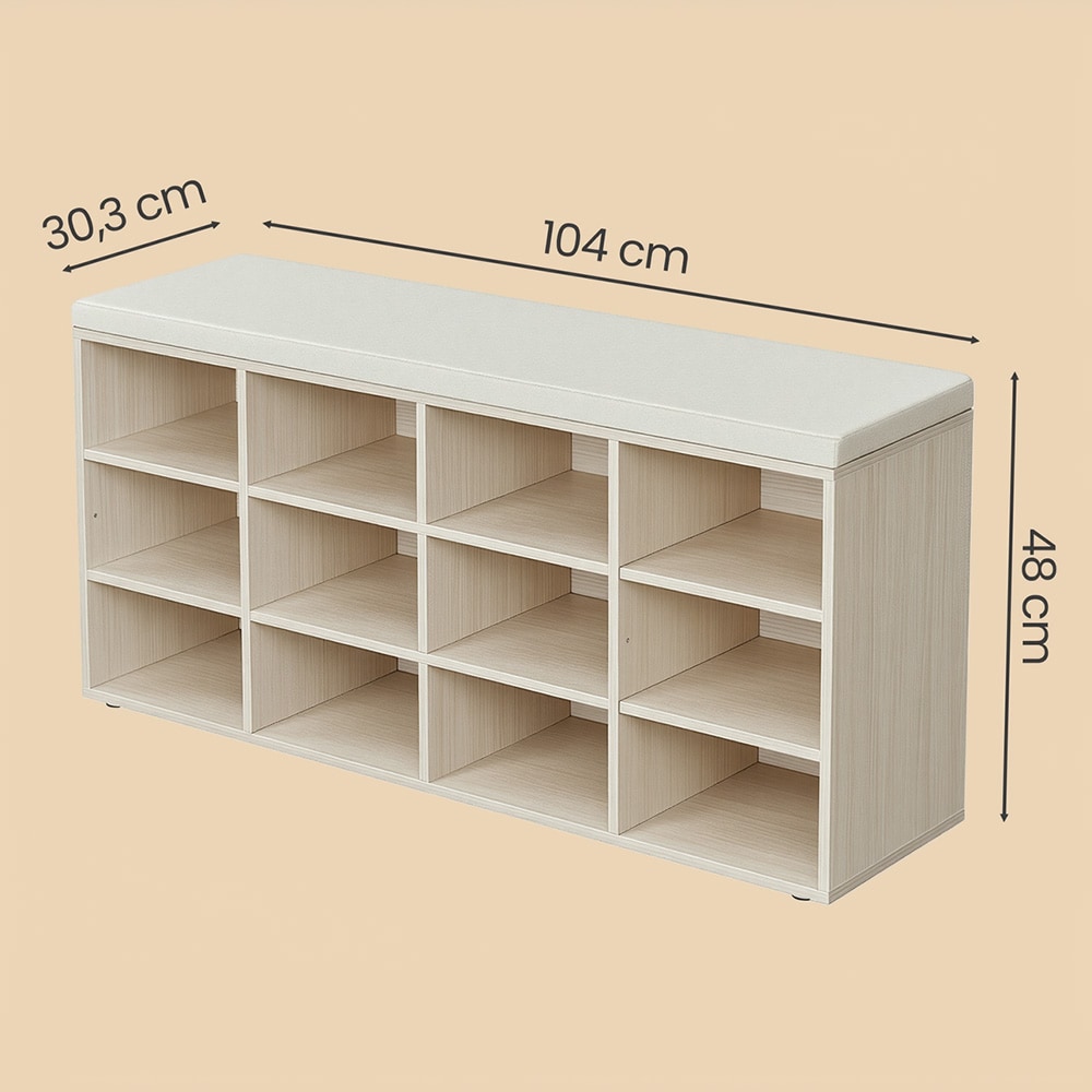 Skobenk 104 cm med sittepute og 12 oppbevaringsrom - Beige