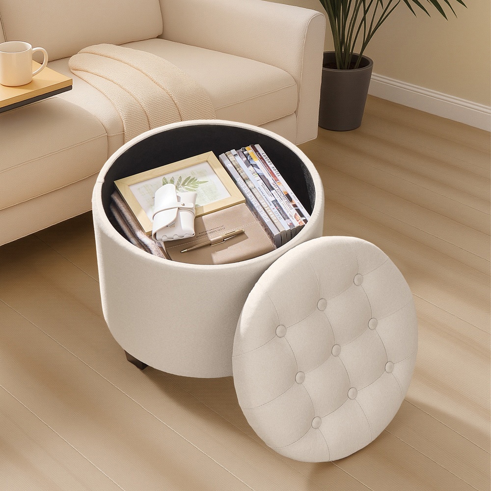 Rund puff 45 x 45 x 44,5 cm med oppbevaring - Lys beige