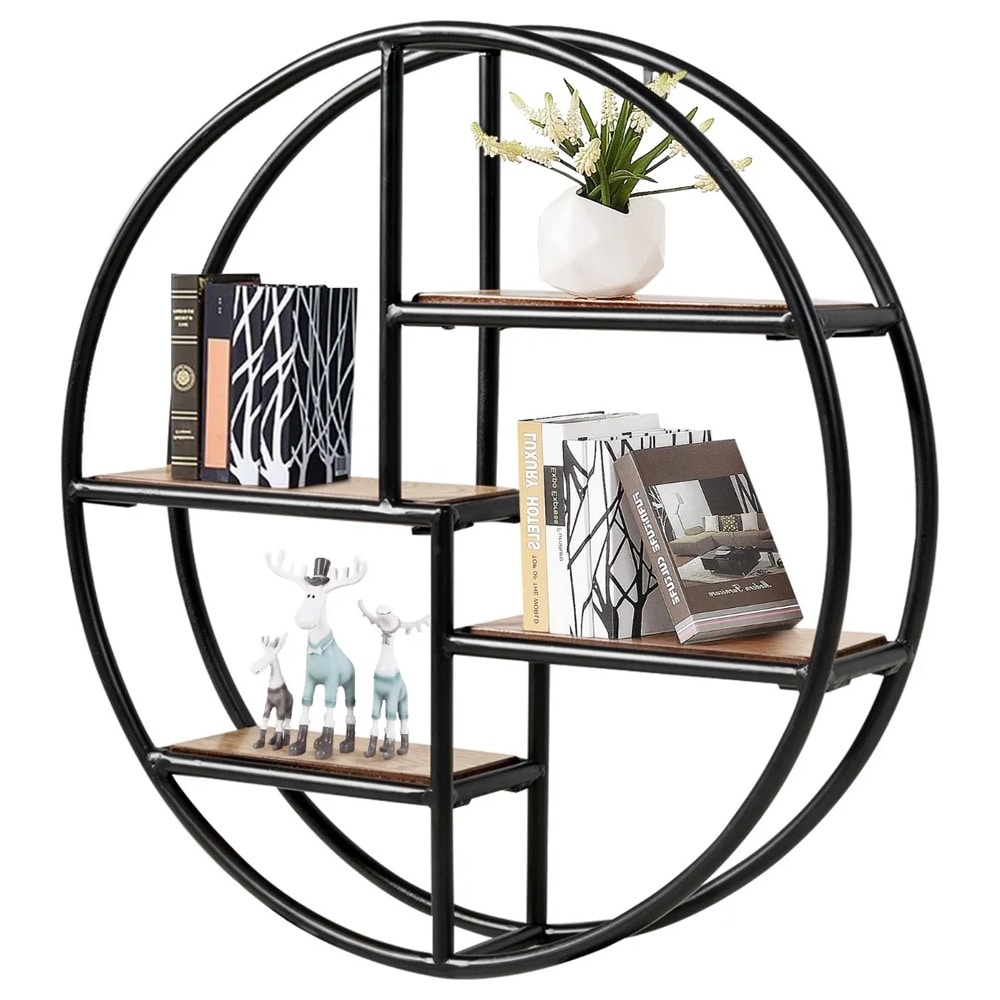 Rund vegghylle i tre og metall med fire hyller - 55cm Wood/Svart