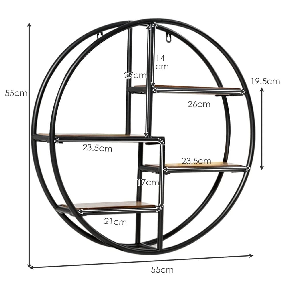 Rund vegghylle i tre og metall med fire hyller - 55cm Wood/Svart