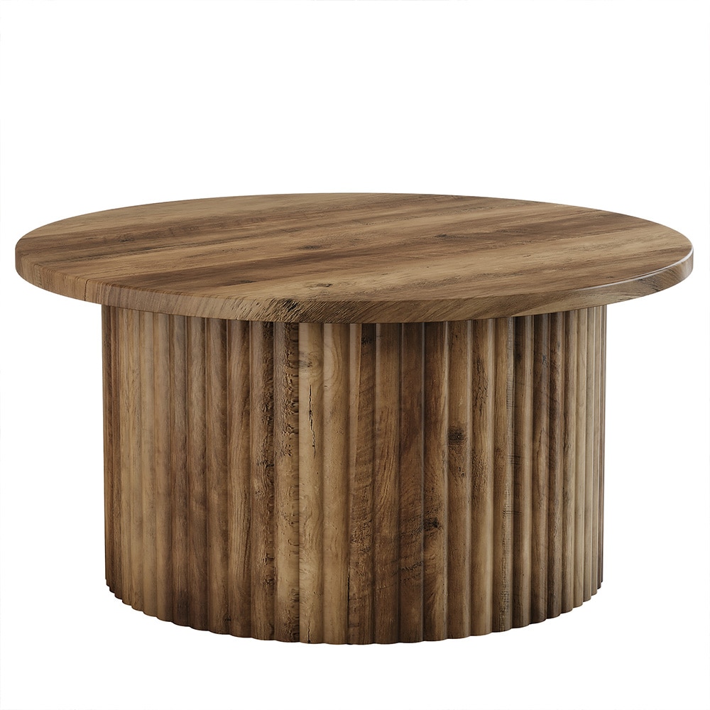 Rundt salongbord Ø80cm / stuebord / brunt sofabord i tre med rillet design