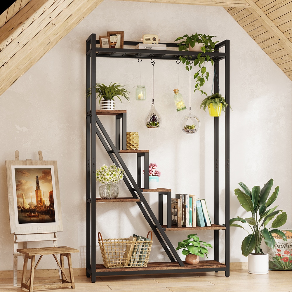 Plantehylle 7 nivåer i tre og metall 180 cm - Vintage brun/svart / Blomsterhylle med flere hyller og kroker