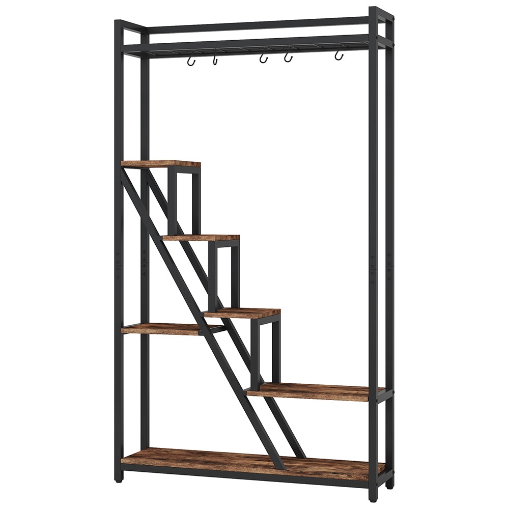 Plantehylle 7 nivåer i tre og metall 180 cm - Vintage brun/svart / Blomsterhylle med flere hyller og kroker