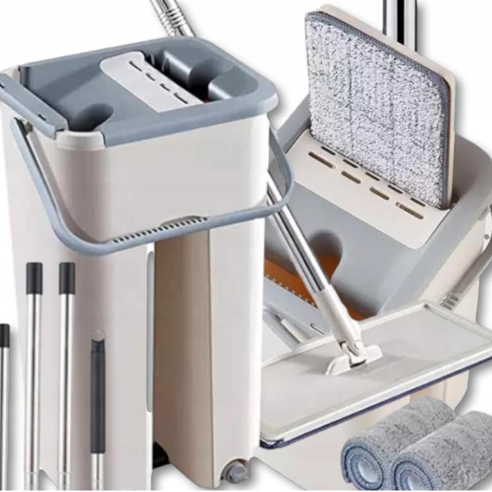 Mopp med skuffe og dobbeltkammer, teleskopskaft og mikrofiber