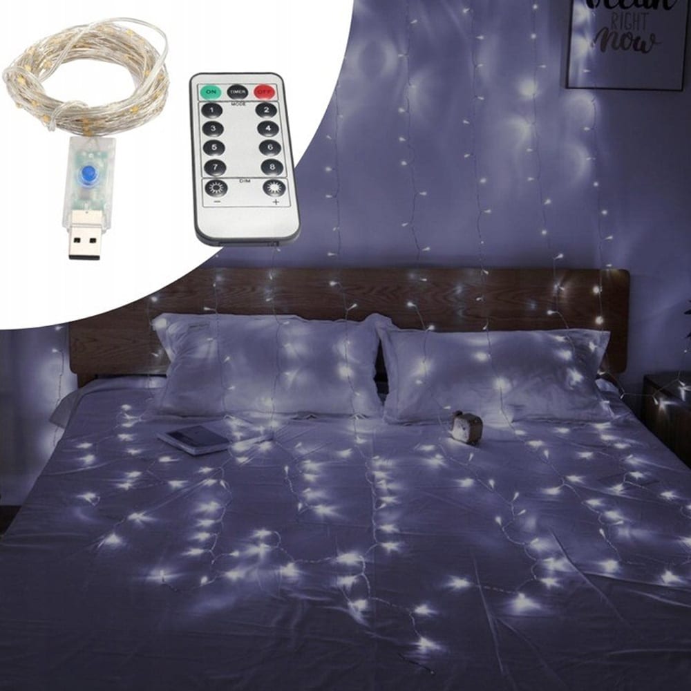 LED-gardin 3 x 3 m med 300 lysdioder, kjølig hvit og USB 5 V