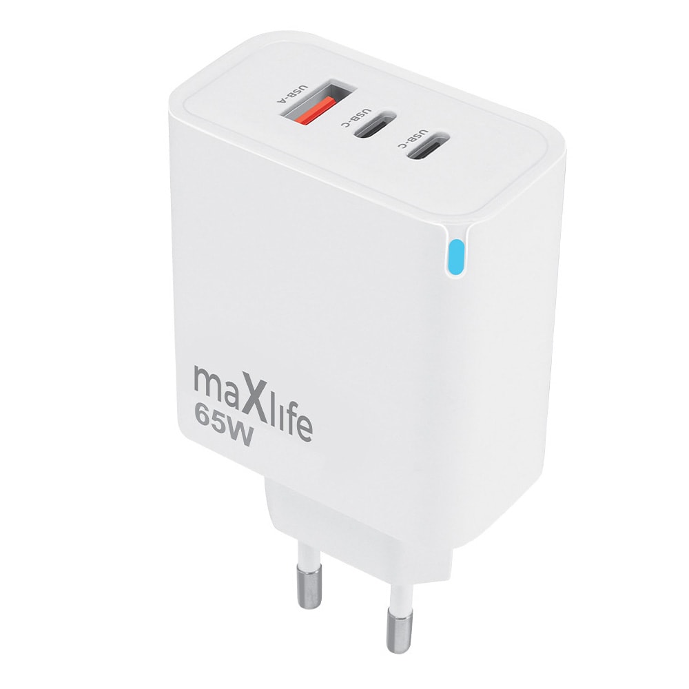 Maxlife GaN-lader med PD QC 2xUSB-C 1xUSB 65W - hvit