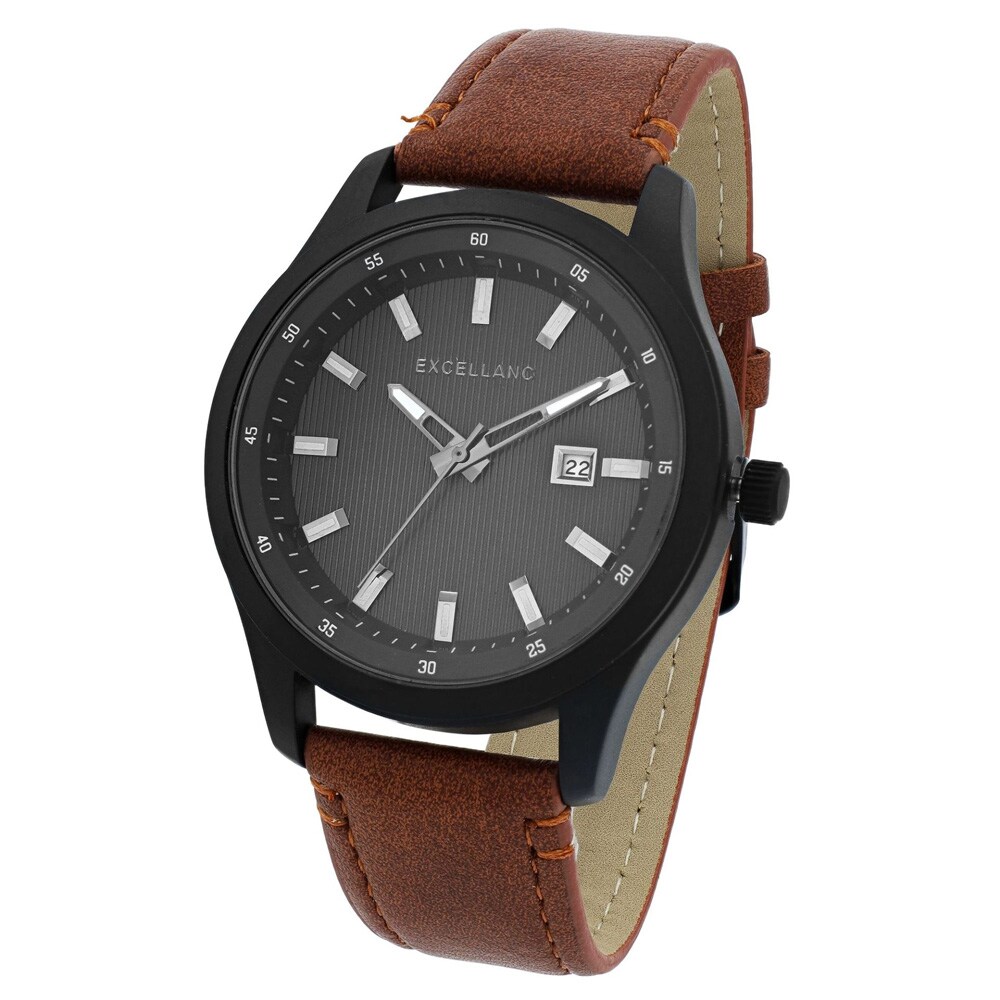 Excellanc Herreklokke 44 mm – svart med brun reim i kunstskinn