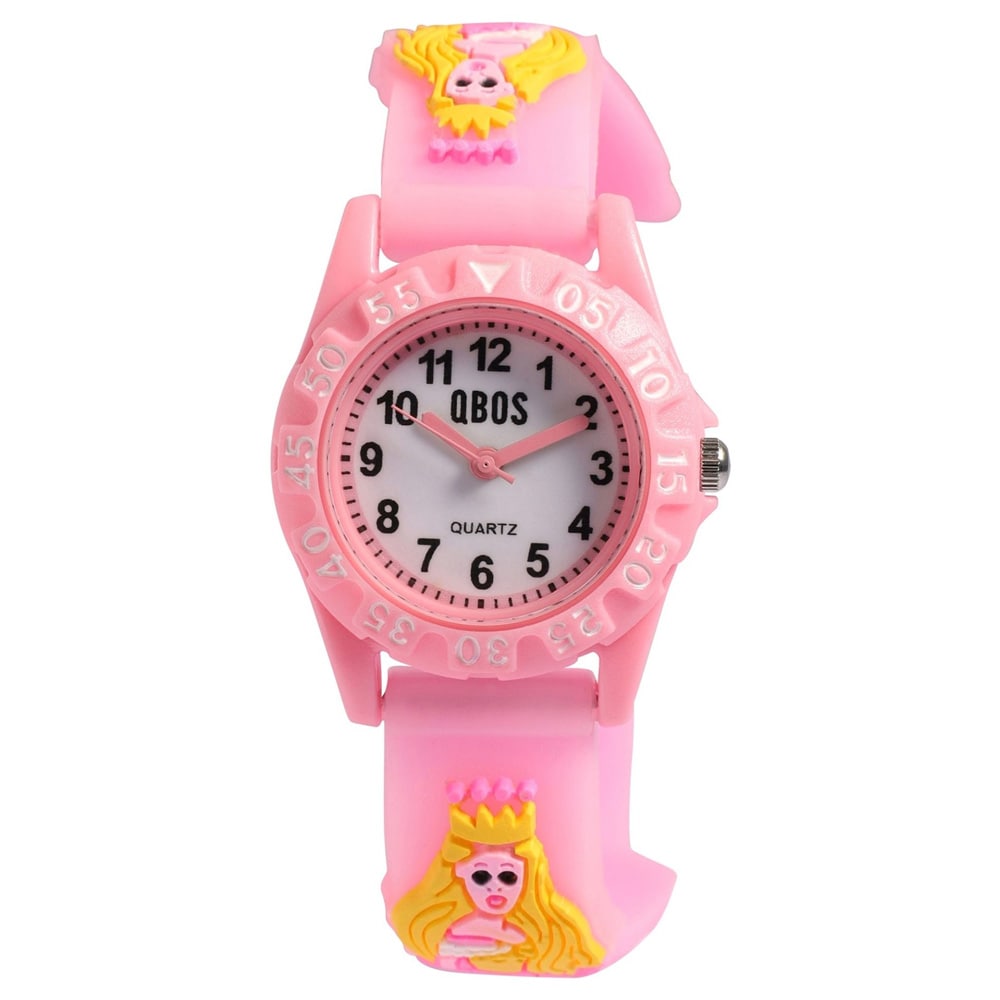 QBOS barneklokke med silikonrem / Rosa armbåndsur med prinsessemotiv