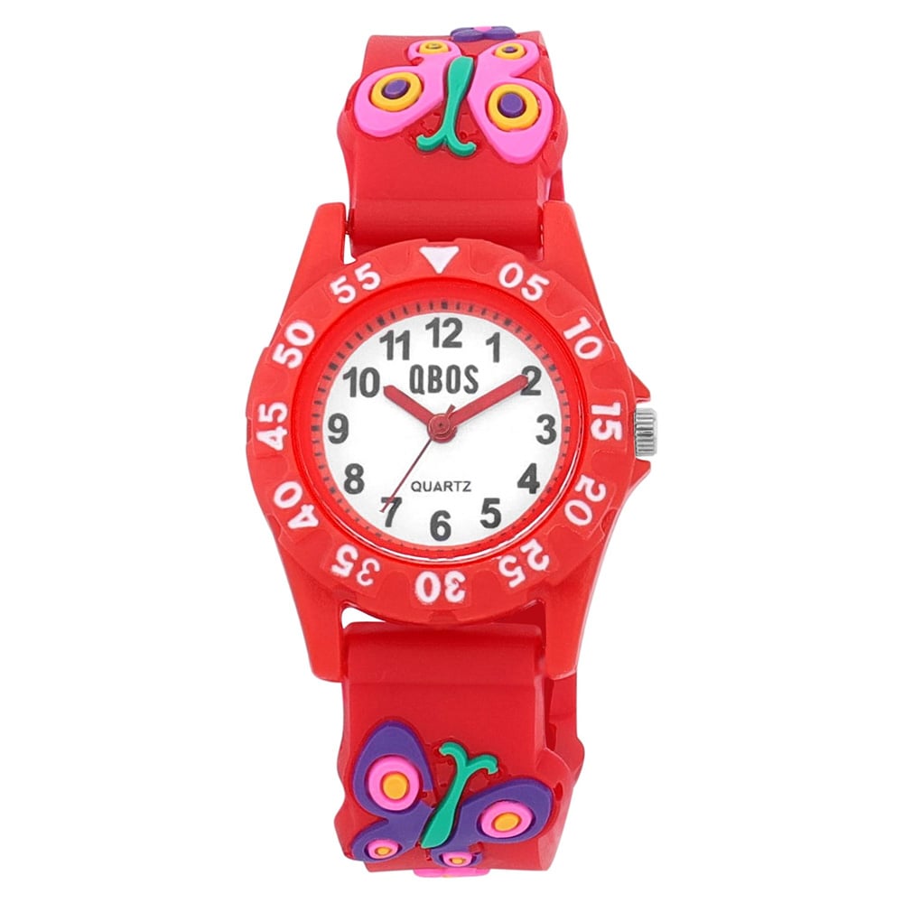 QBOS barneklokke med silikonrem / Rødt armbåndsur med sommerfuglmotiv