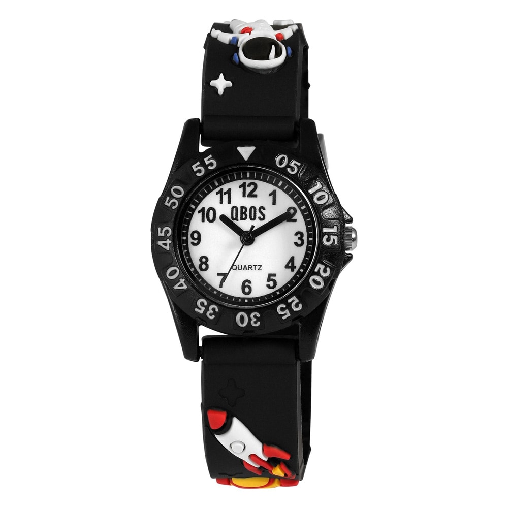 QBOS barneklokke med silikonrem / Svart armbåndsur med rommotiv