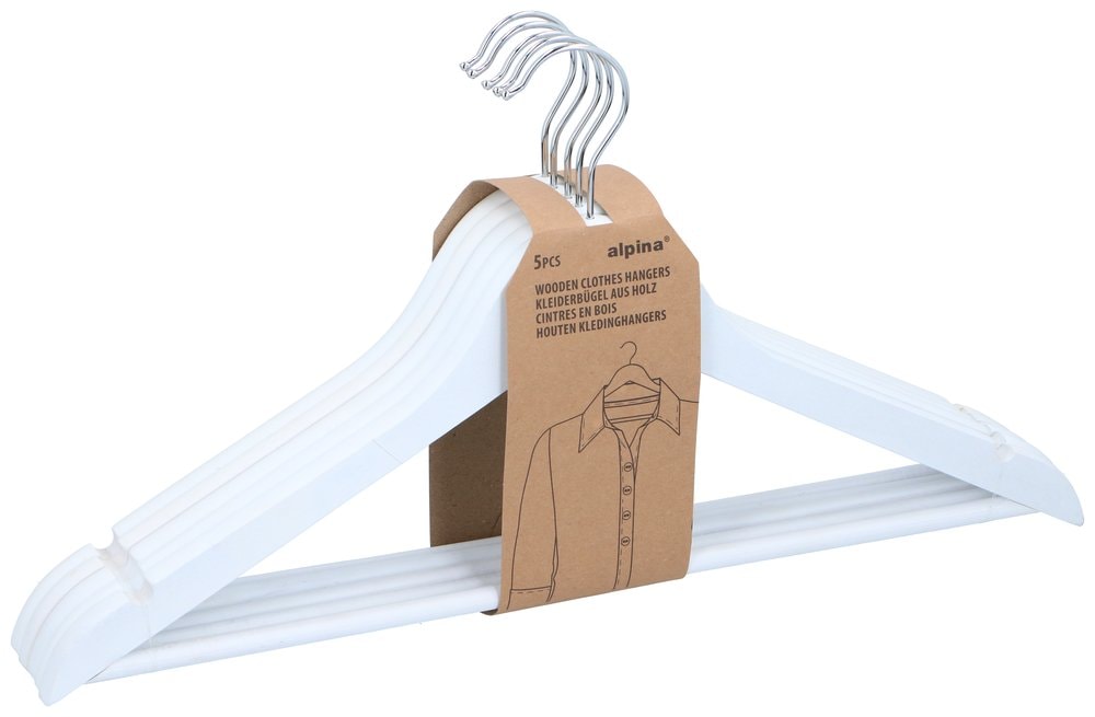 Alpina kleshengere i tre 5-pakning / kleshengere i tre / kleshengere til garderobe - Hvit