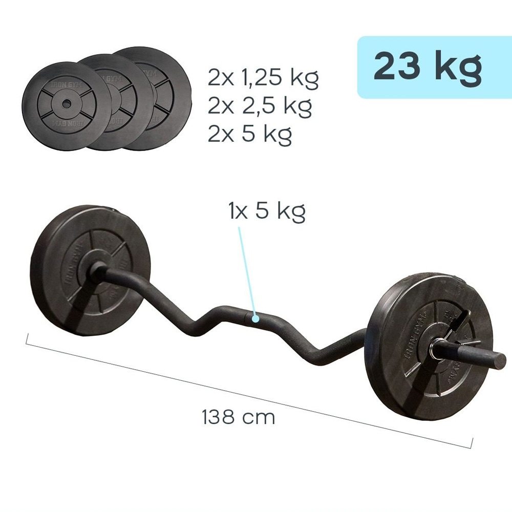 Iron Gym justerbar curlstang 23 kg / EZ-stang med vinylbelagte vektskiver / styrkesett til hjemmetrening