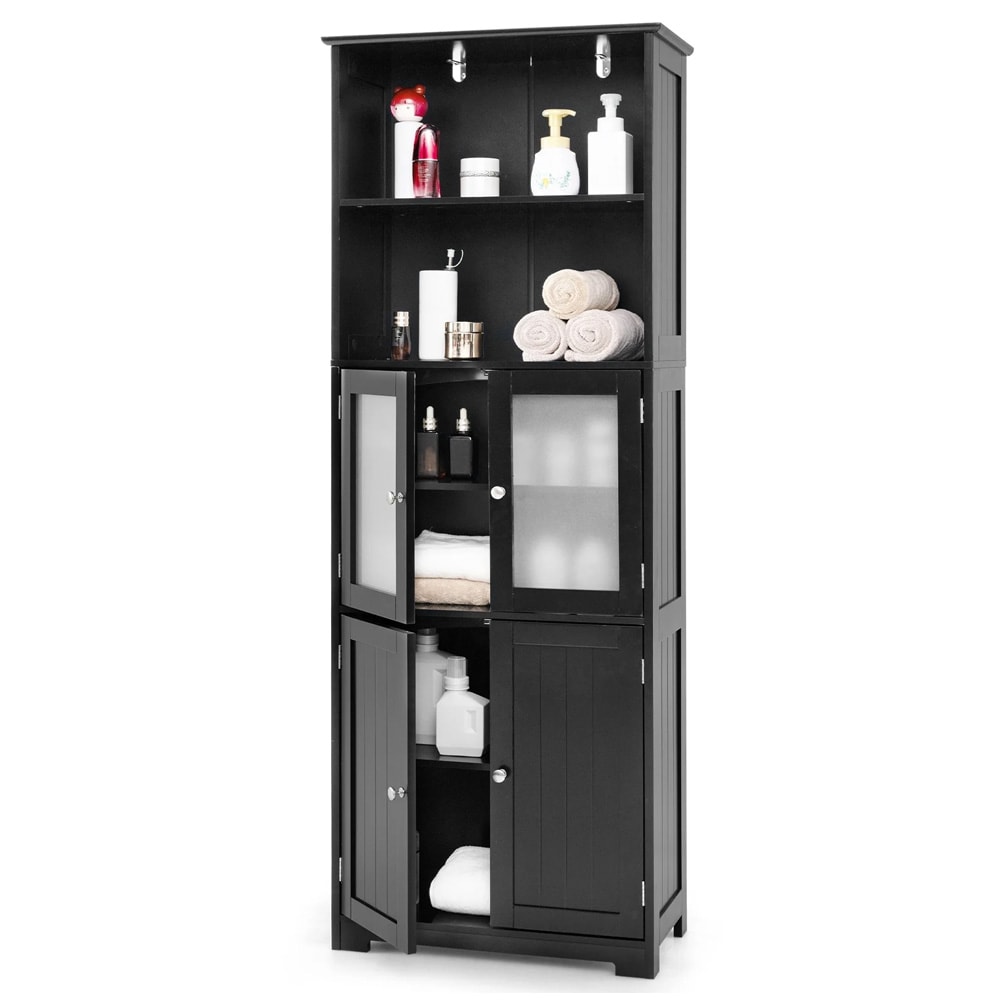 Baderomsskap / Høyskap med glassdører / Oppbevaringsskap 6 nivåer – Svart