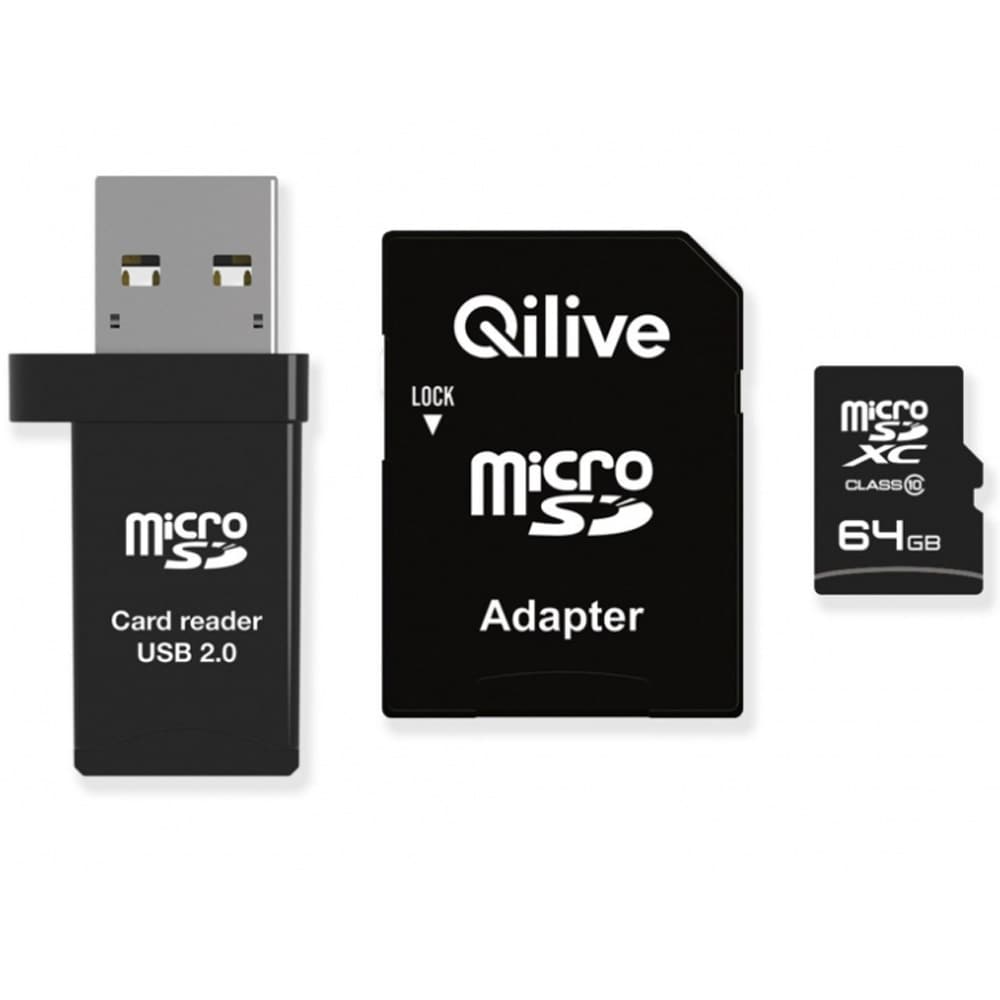 Qilive microSDHC Class 10 V10 64 GB + minnekortleser