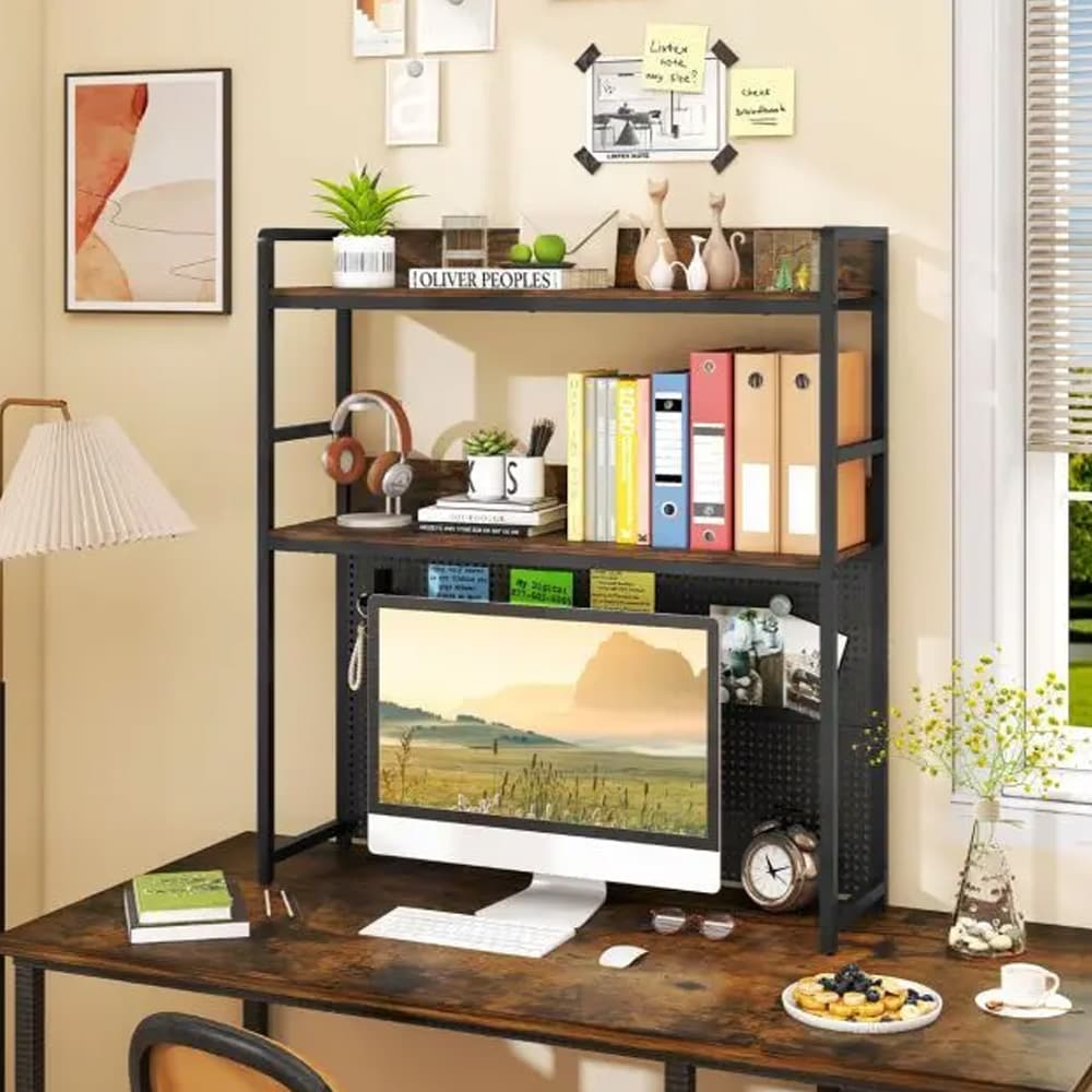 Skrivebordshylle / skjermhylle / bokhylle til skrivebord i brun/svart