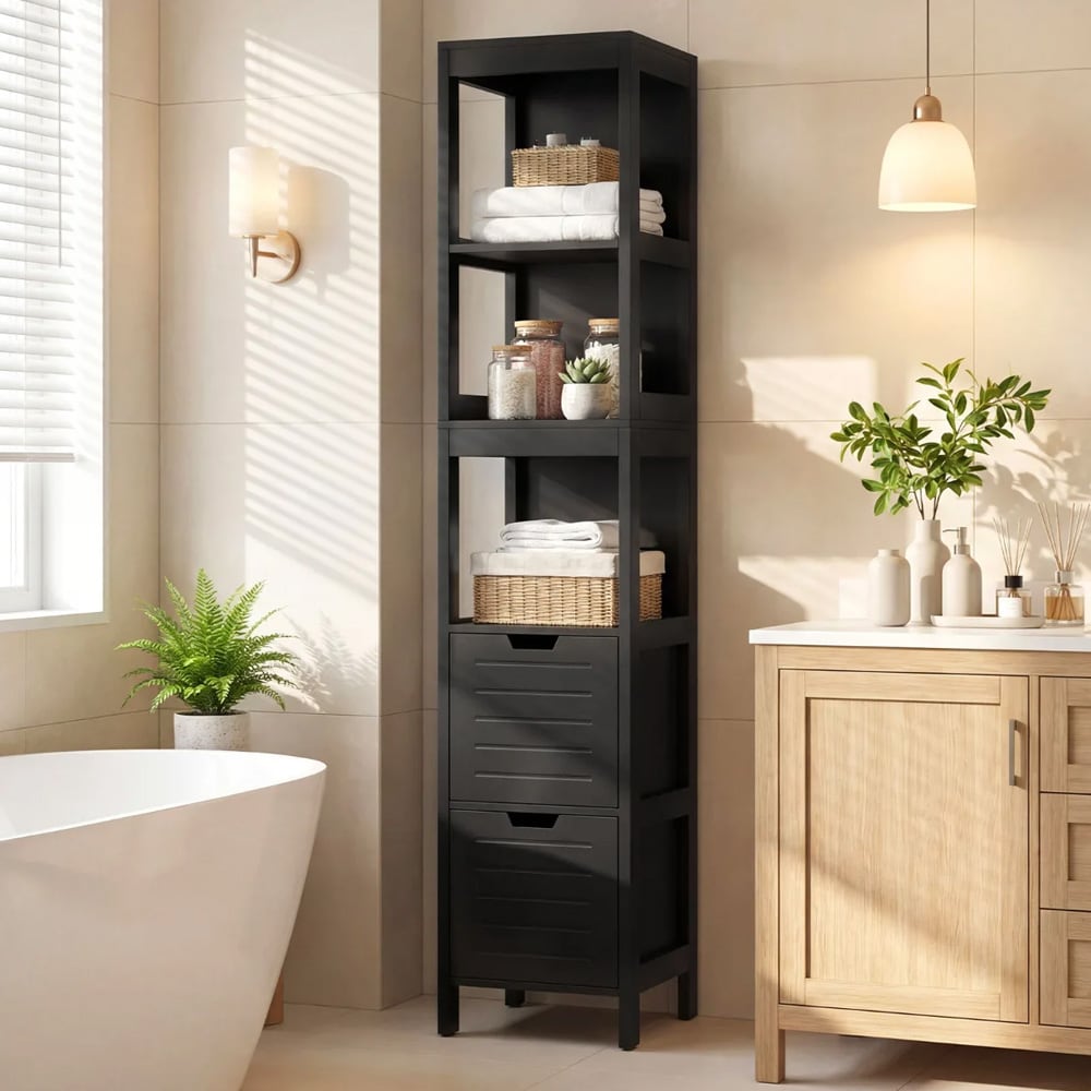 Smalt baderomsskap / høyskap til bad / skap med skuffer og åpne hyller – svart