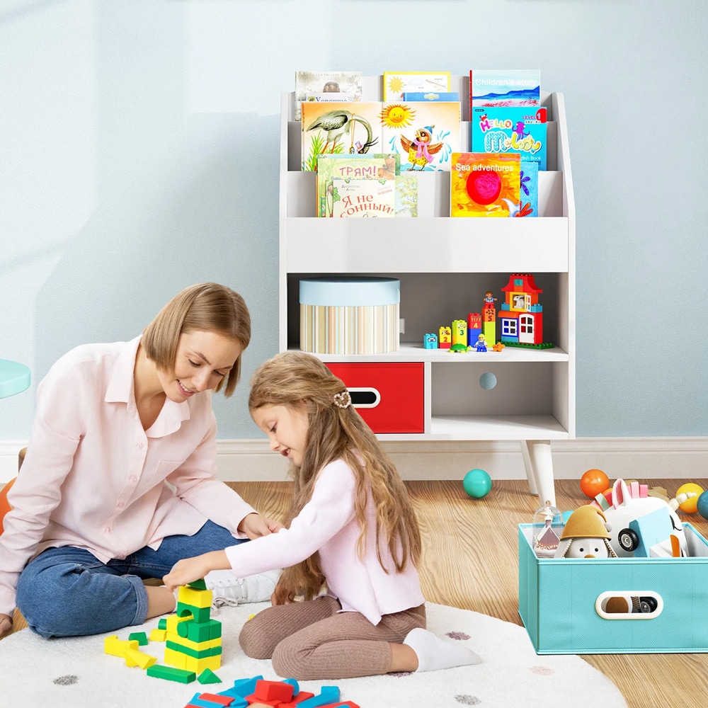 Barnemøbel med bokhylle og skuffer – barnebokhylle / lekeoppbevaring - hvit