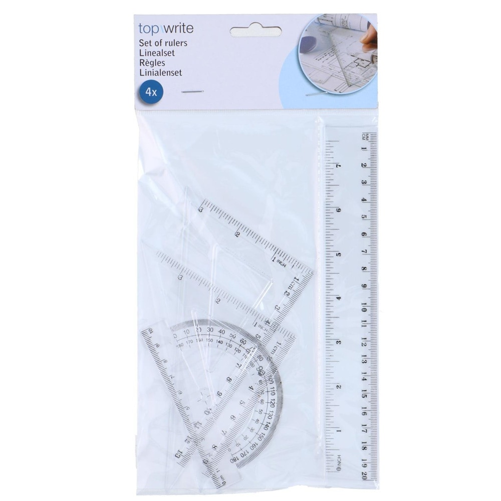 Geometrisett 4 deler – linjalsett / tegnesett med linjal, vinkelmåler og trekanter