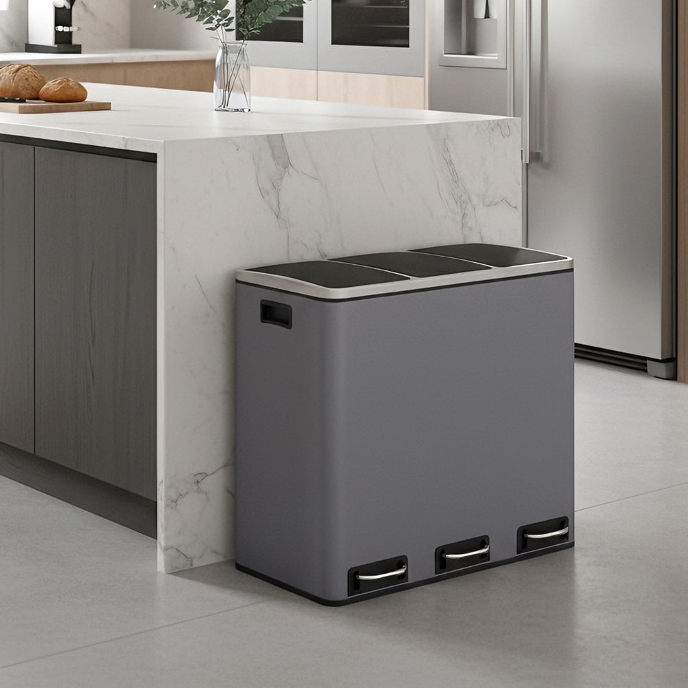 Pedalbøtte 3x18 L grå / tre rom / kjøkkenbøtte med myk lukking og pedal