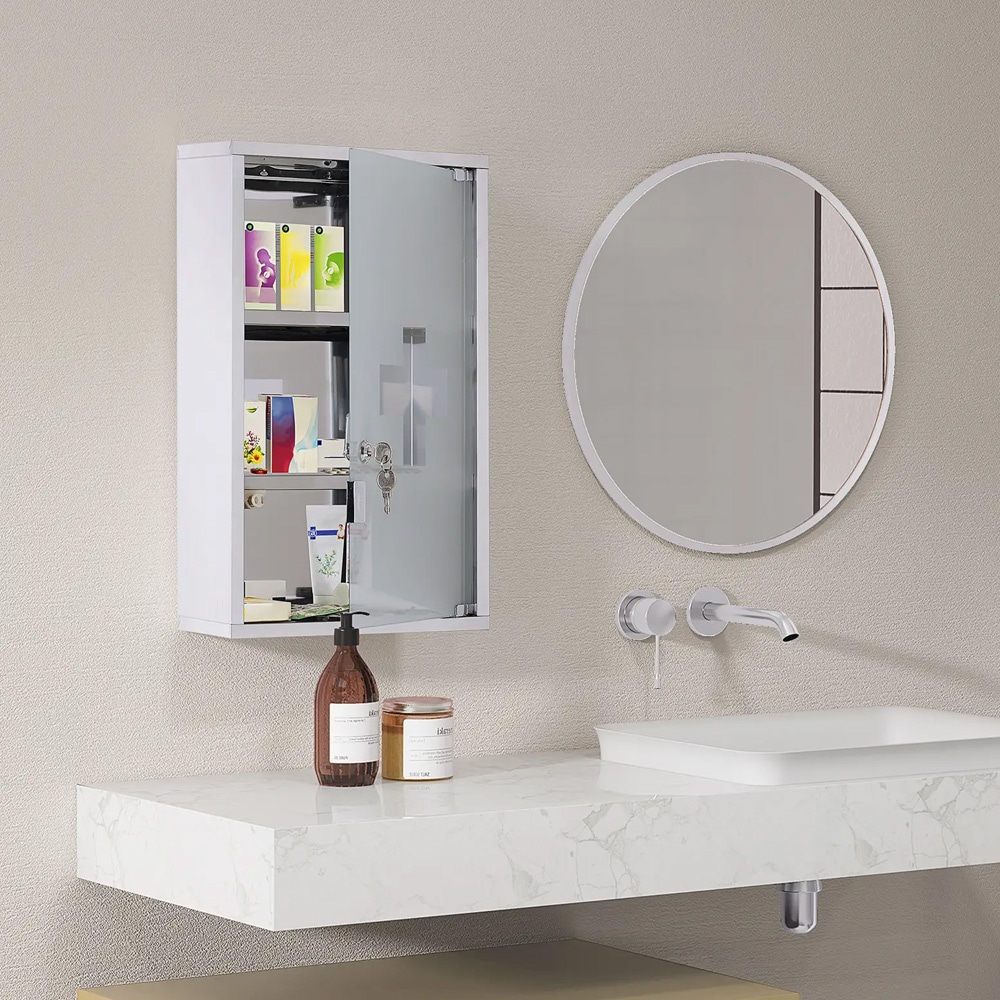 Medisinskap i rustfritt stål / låsbart baderomsskap / apotekskap med dør i frostet glass