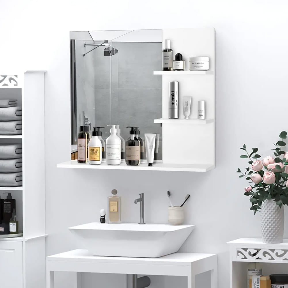 Baderomsspeil med hyller / veggmontert speil med oppbevaring / speilskap med 3 åpne hyller - Hvit