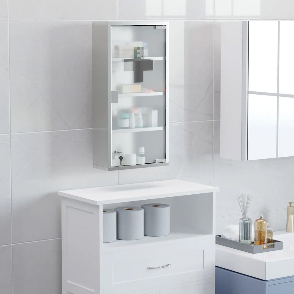 Medisinskap i rustfritt stål / låsbart baderomsskap / apotekskap med dør i frostet glass