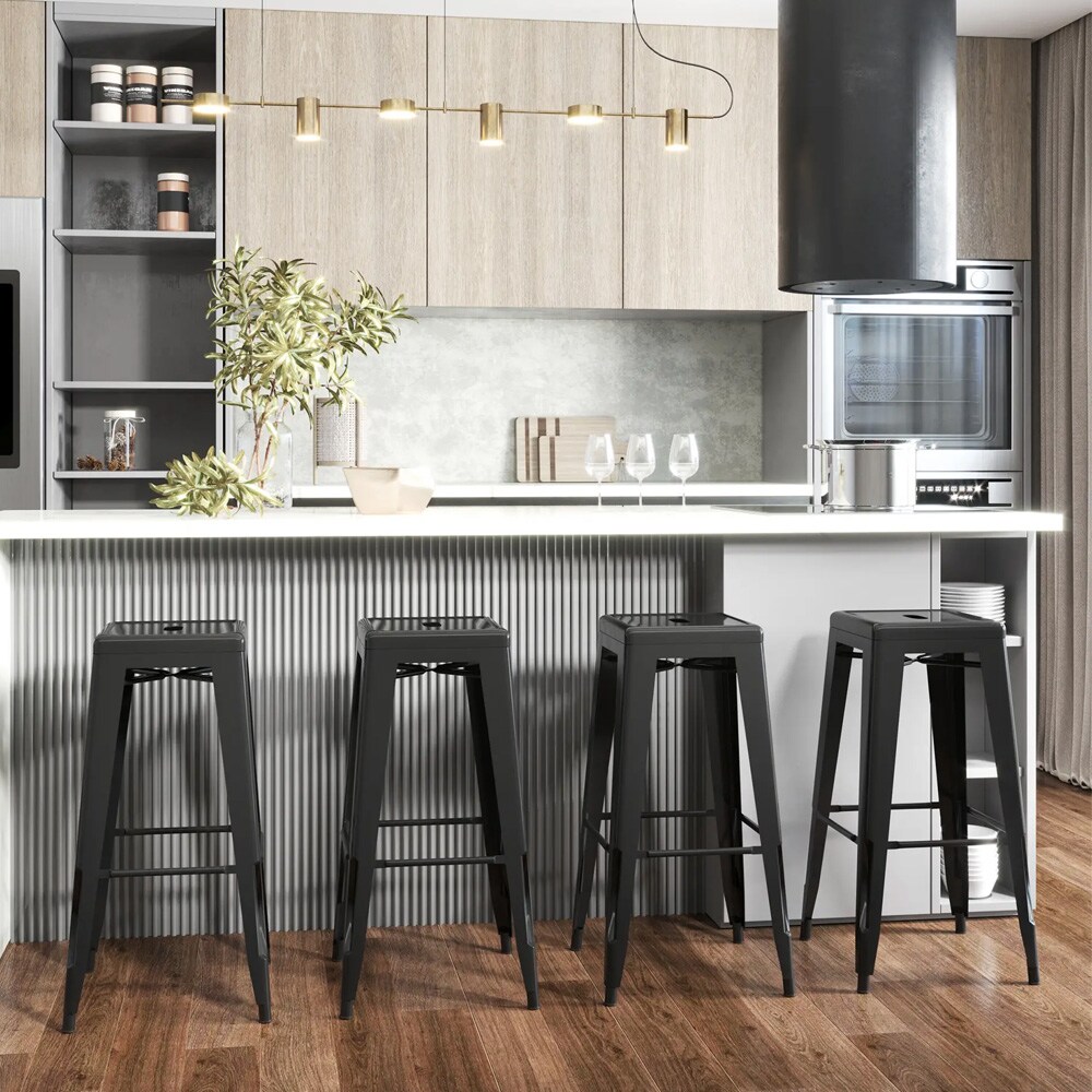 Barstoler i metall 4-pakning / stabelbare barstoler / industrielle kjøkkenstoler / barstol for innendørs og utendørs bruk - Svart