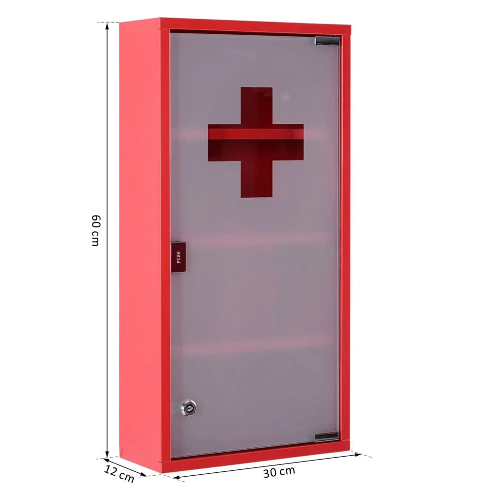 Låsbart medisinskap i stål 30x12x60 cm / veggskap med 4 hyller og dør i frostet glass / rødt baderomsskap