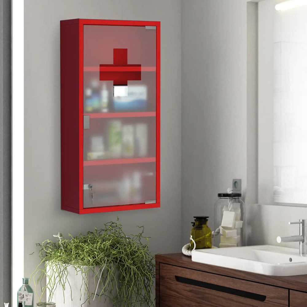 Medisinskap i stål med dør i frostet glass / låsbart apotekerskap / veggskap med 4 hyller - Rød