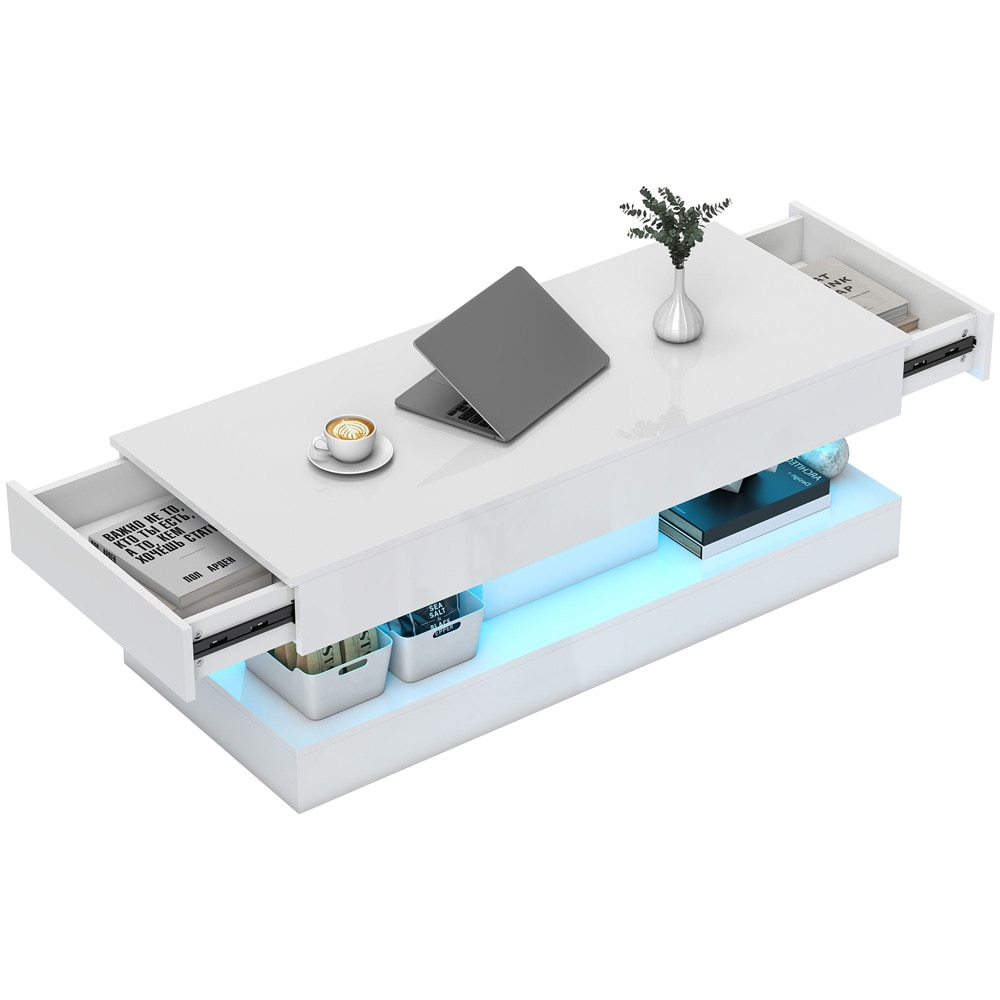 Salongbord med LED-belysning - hvitt sofabord / stuebord / bord med skuffer