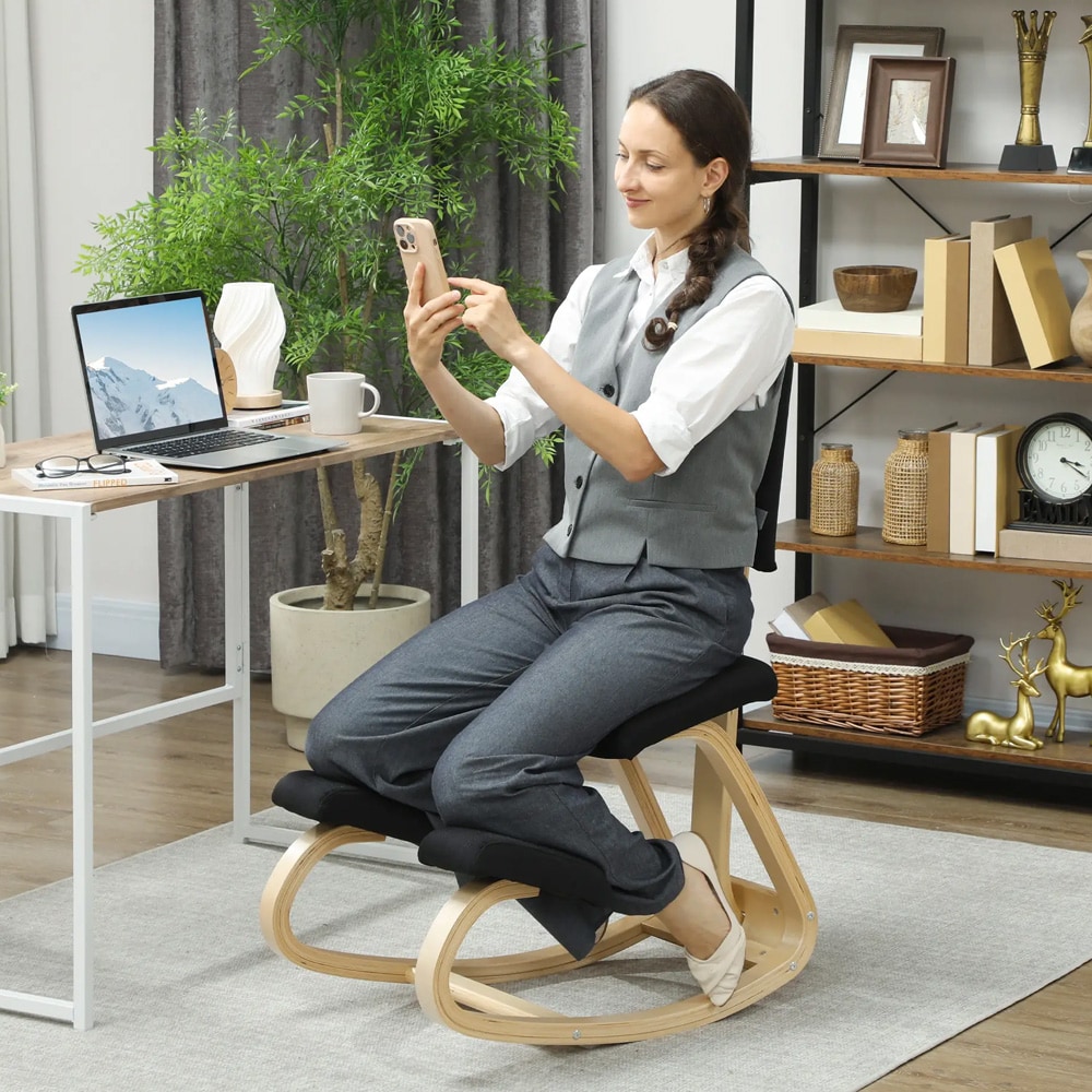 Ergonomisk knestol med ryggstøtte og gyngefunksjon - kontorstol / balansestol i svart