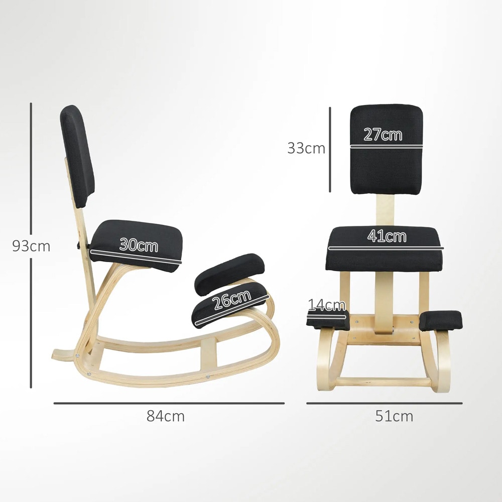 Ergonomisk knestol med ryggstøtte og gyngefunksjon - kontorstol / balansestol i svart