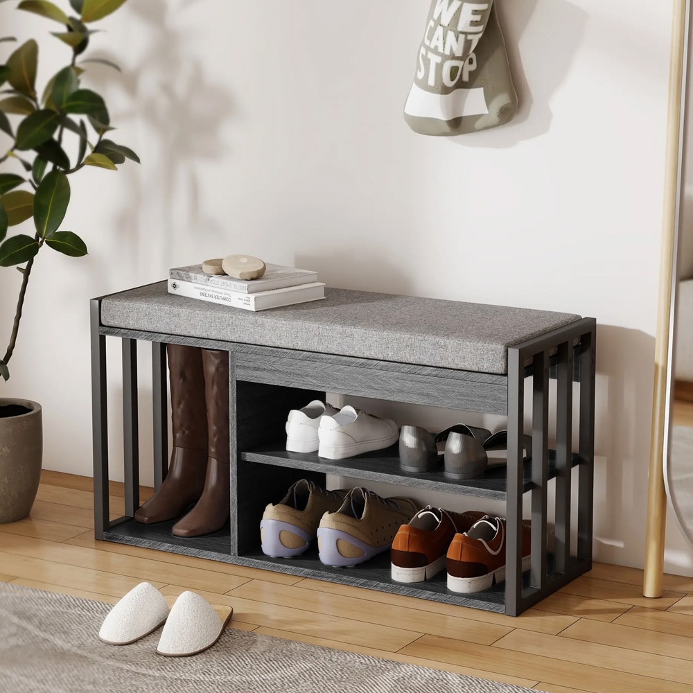 Skobenk med sete grå / skohylle med polstret sete / hallbenk med 3 nivåer for sko