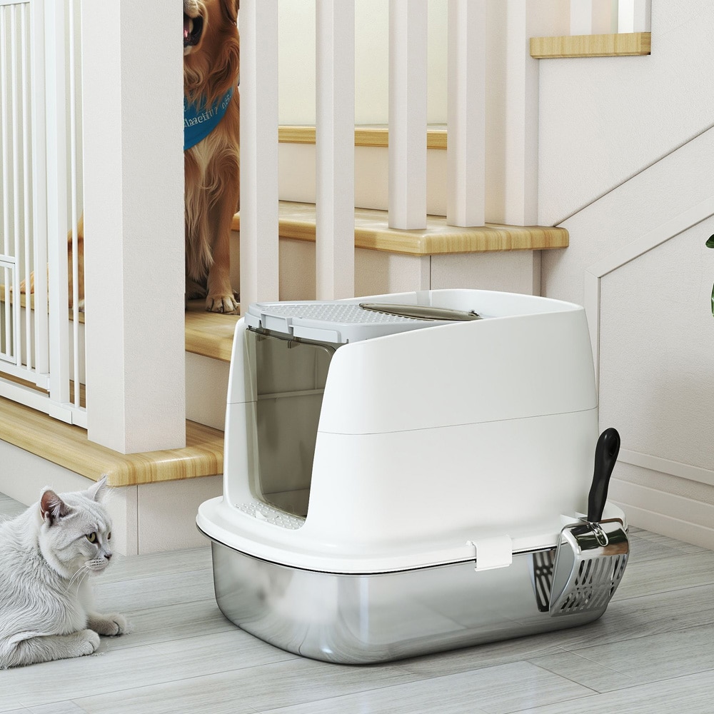 Lukket søppelkasse i rustfritt stål / søppelkasse med lokk og inngang/utgang / hygienisk søppelkasse med øse