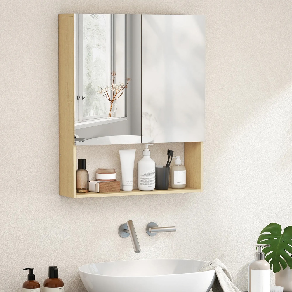 Speilskap til bad 75x60cm / vegghengt baderomsskap med speil / veggskap med justerbare hyller og speildører