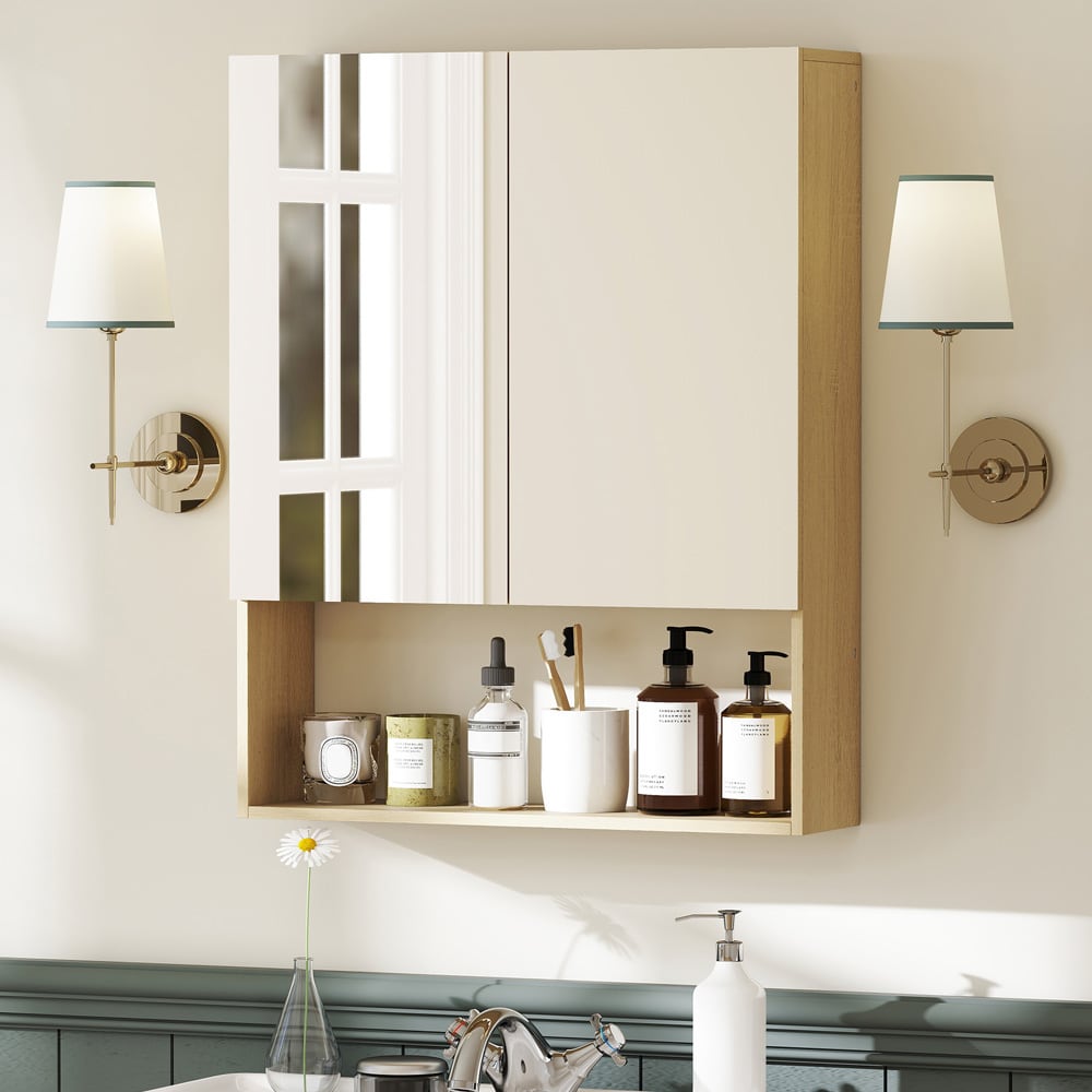 Veggmontert speilskap 75x60 cm / baderomsskap med speildører / baderomsskap med hyller og åpen oppbevaring