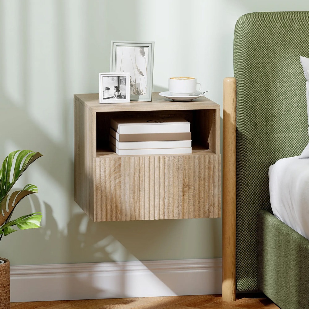 Veggmontert nattbord med skuff / svevende nattbord med oppbevaring / nattbord med hylle og skuff