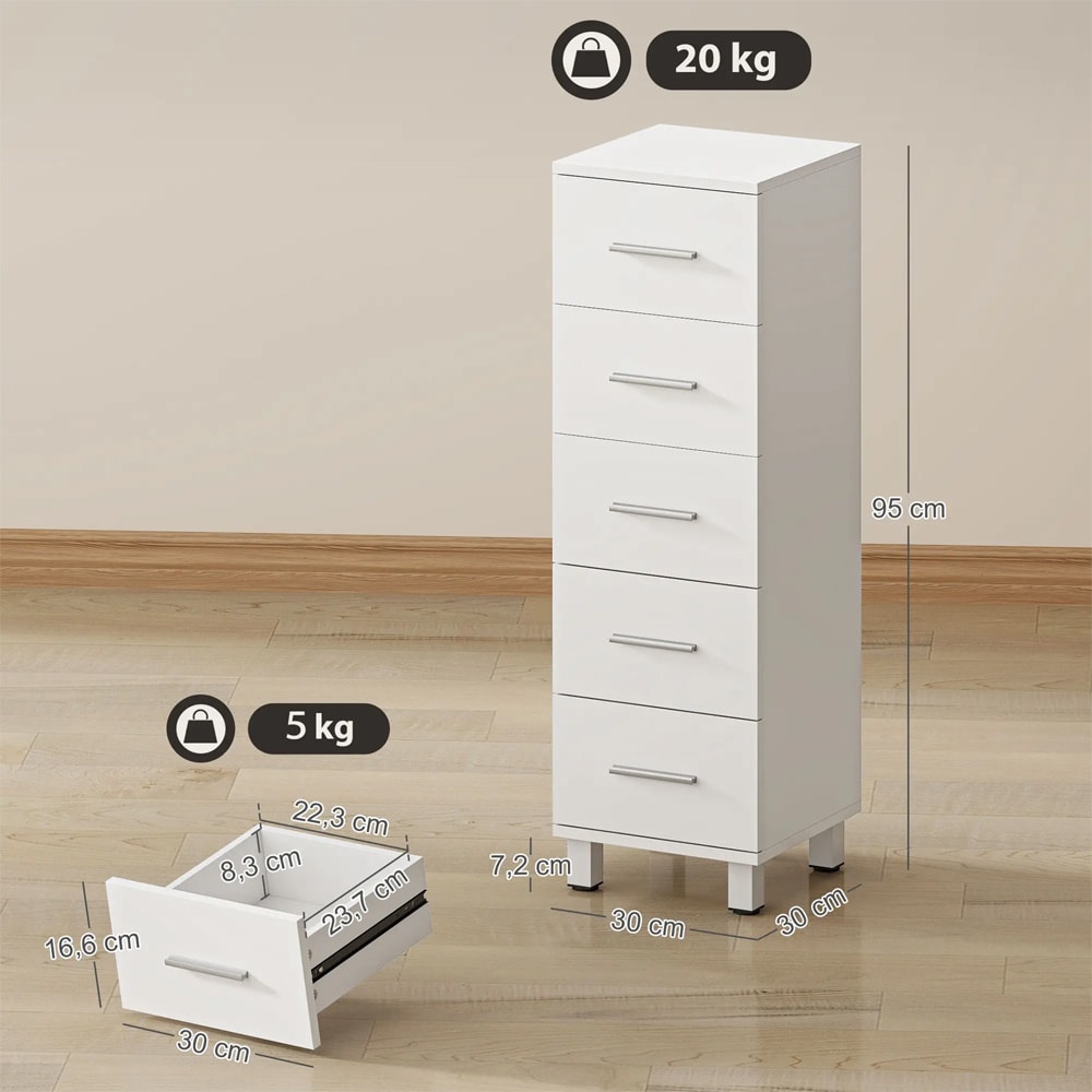 Smalt baderomsskap med 5 skuffer / hvit baderomskommode / kompakt oppbevaringsskap 30×30×95cm