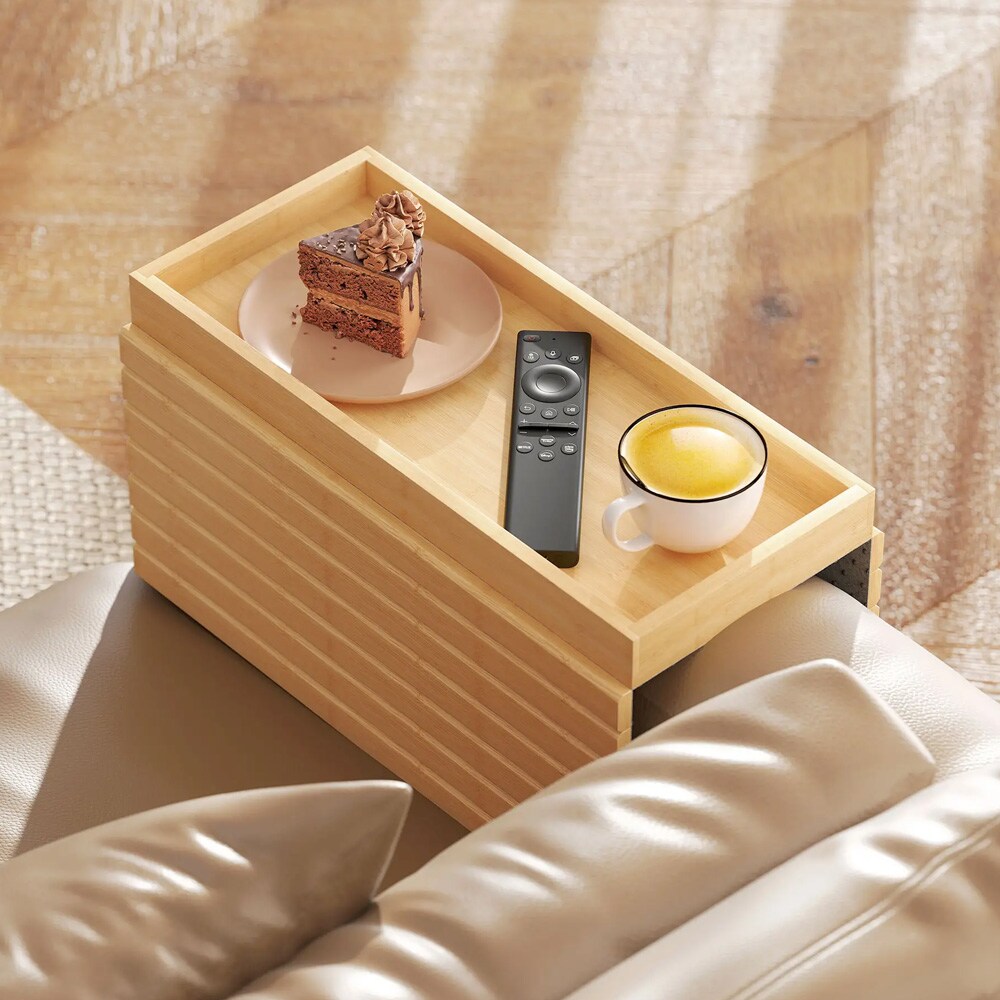 Bambus armlenebrett for sofa / sofabrett for drikke og snacks / rullbart brett med anti-skli