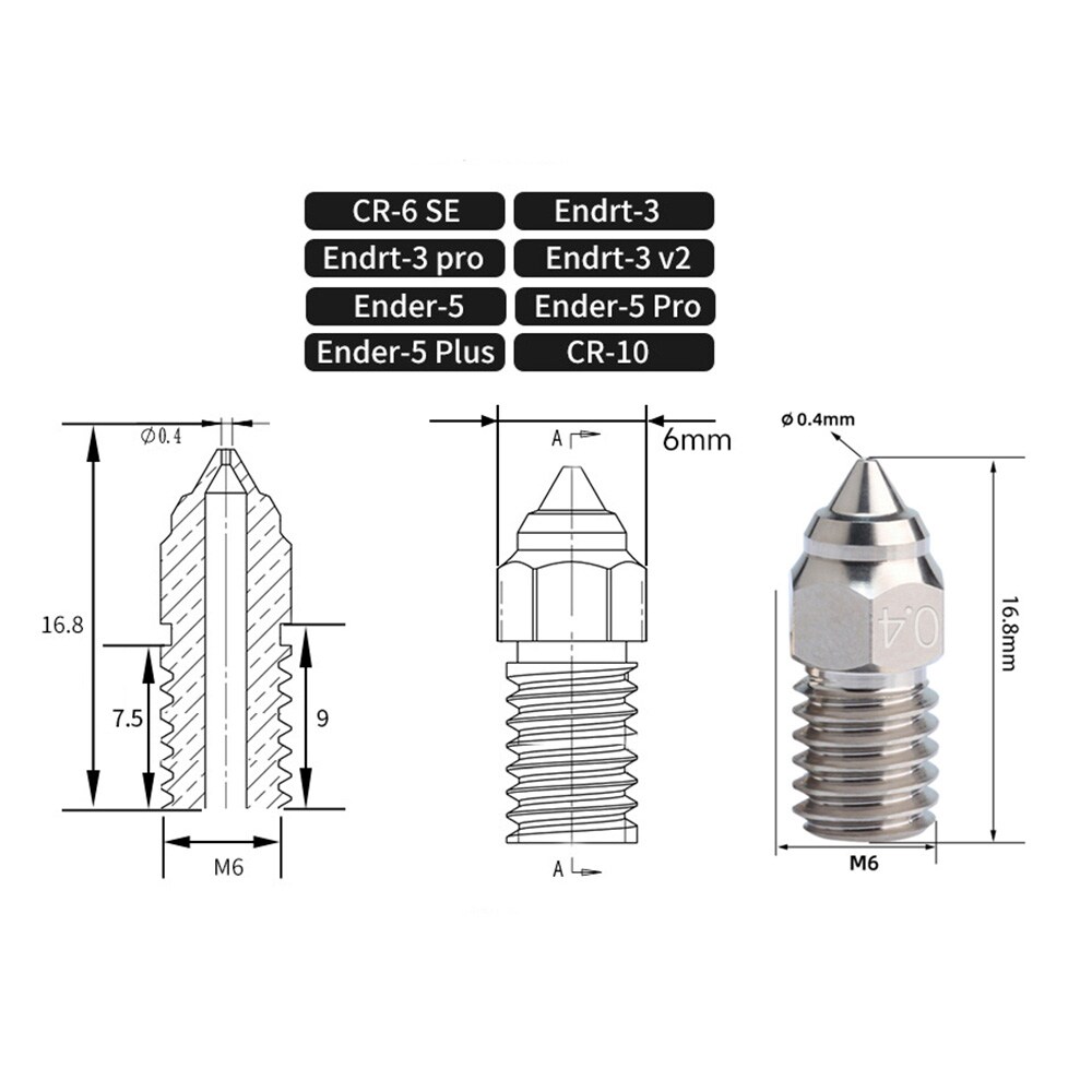 Kobberlegeringsdyse Creality Ender 7/5/3 V3 SE / 3D-skriverdyse 1,75 mm 0,3-0,8 mm / dyse 5-pk