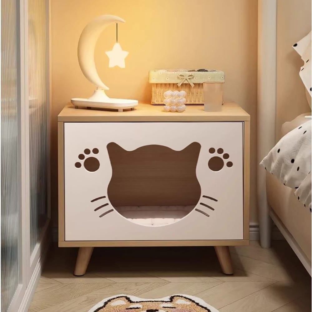 Nattbord med katteseng 60×40×50 cm / sidebord med kattehule / kattemøbel – Hvit/tre