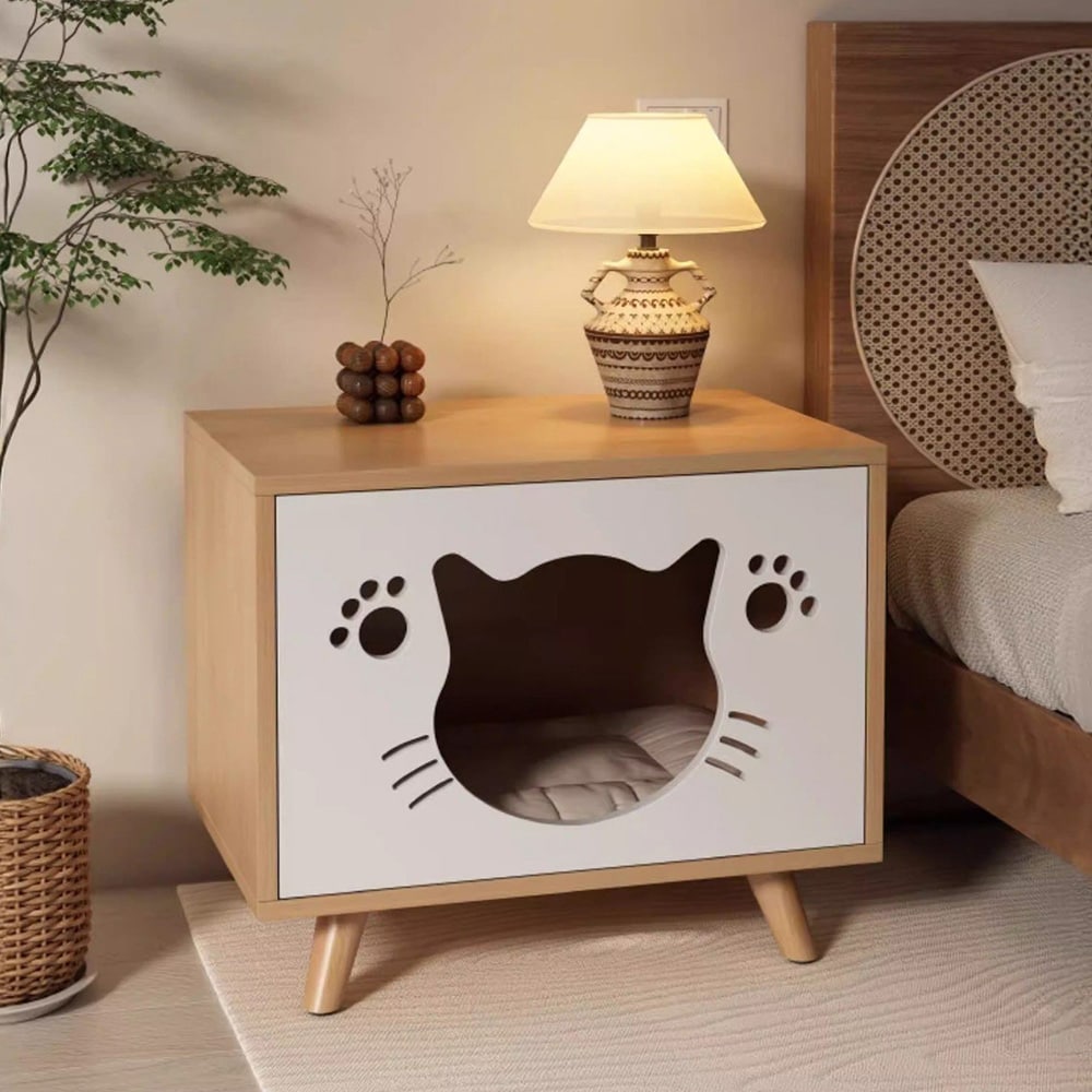 Nattbord med katteseng 60×40×50 cm / sidebord med kattehule / kattemøbel – Hvit/tre