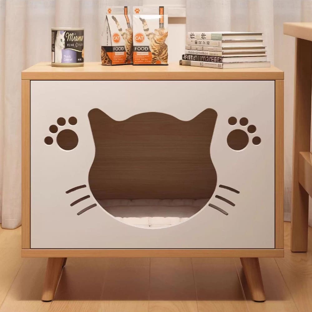 Nattbord med katteseng 60×40×50 cm / sidebord med kattehule / kattemøbel – Hvit/tre