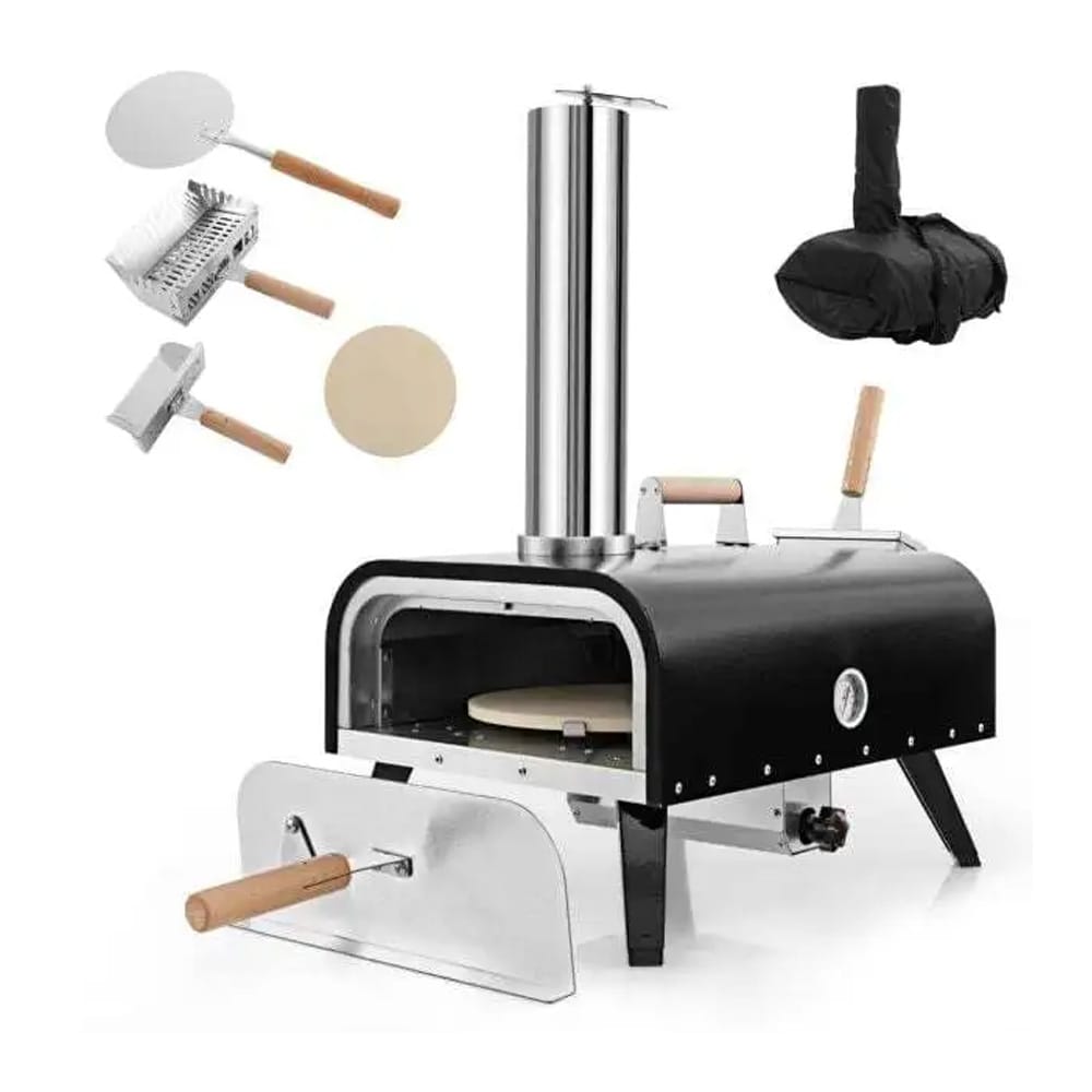 Pizzaovn med roterende pizzastein – bærbar ovn / uteovn med termometer