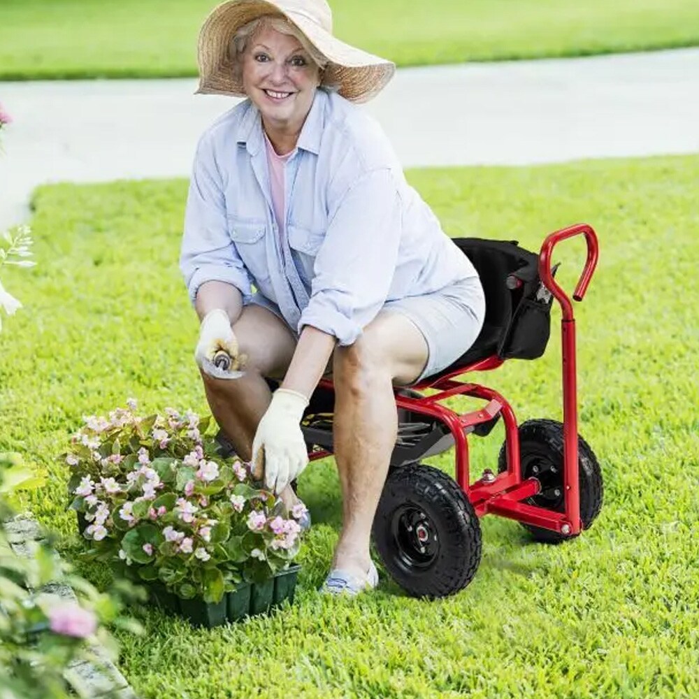 Hagevogn med sete - rullende hagesete / arbeidsvogn med oppbevaring / hagekrakk på hjul