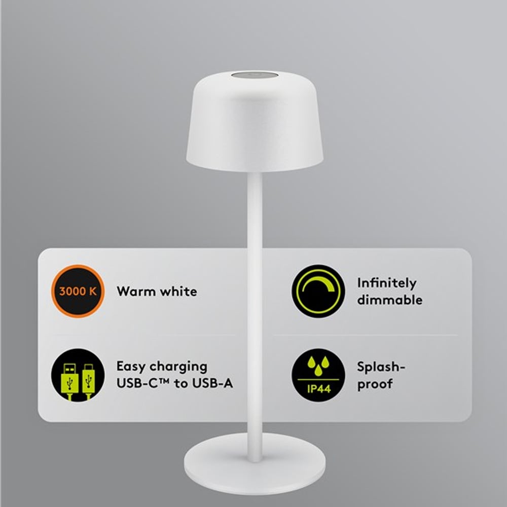 Trådløs LED-bordlampe 25 cm / berøringskontroll / dimbar / 150 lm / 3000 K / oppladbar / IP44 - Hvit