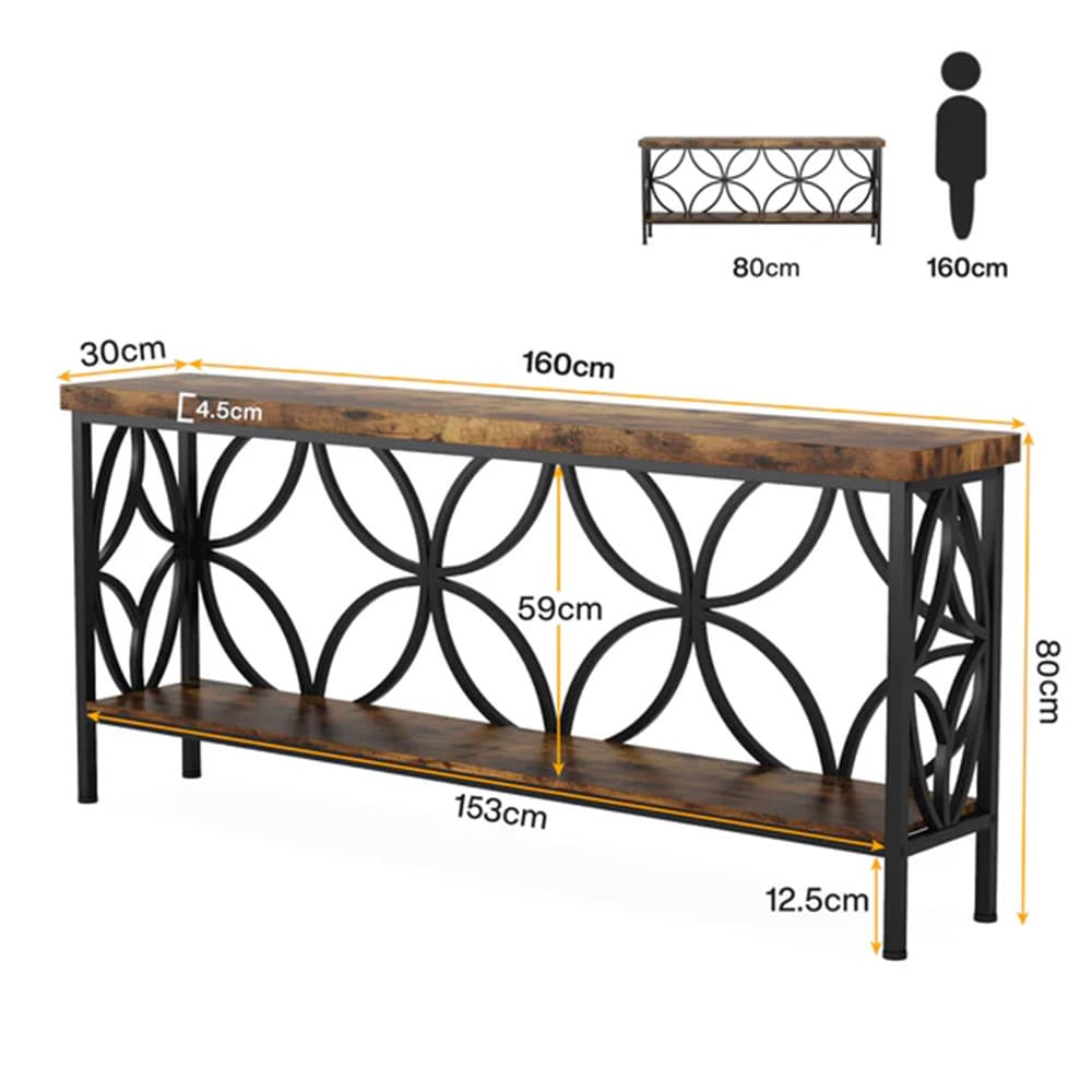 Konsollbord 160×30×80 cm / smalt avlastningsbord med 2 nivåer / entrébord i tre og metall
